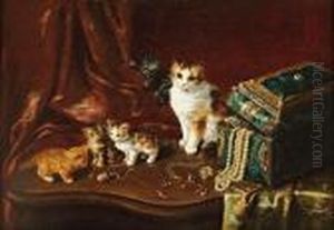 Chatons Avec Leur Mere Jouant Avec Les Bijoux by Alphonse de Neuville