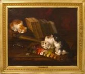 Kittens On Desk With Books And Palette With Oils