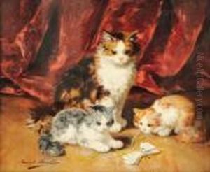 Chatte Et Deux Chatons Jouant Avec Un Ruban Devant Une Draperie
Rouge by Alphonse de Neuville