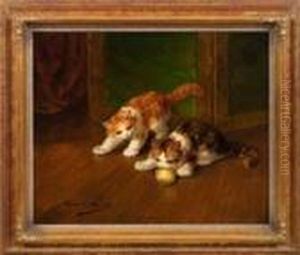 Zwei Spielende Junge Katzen Mit Wollknauel Zwei Spielende Junge Katzen Mit Wollknauel