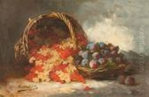 Stilleben Mit Johannesbeeren Und Pflaumen In Korben.