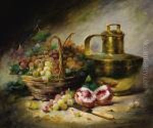 Still Life With Basket Of Grapes, Peaches, And A Copper Urn