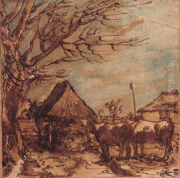 Two cows by a covered haystack under a pollarded tree - view 1
