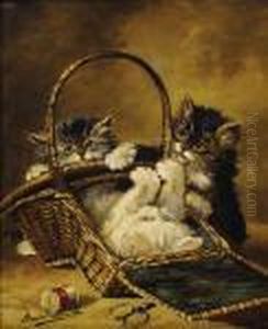 Three Kittens Playing In A Sewing Basket by Alphonse de Neuville