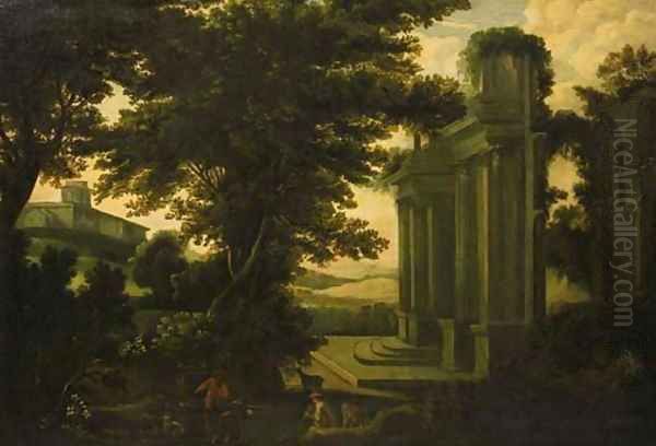 Shepherds by a classical ruin in an Italianate landscape - view 1