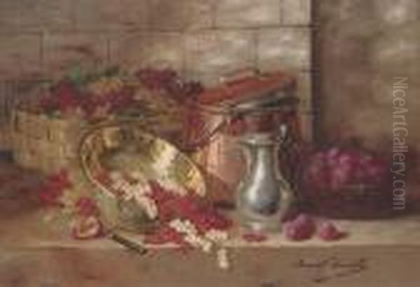 Redcurrants, Whitecurrants And Plums In Various Vessels On Aledge - view 1