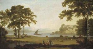 A landscape with figures at rest by sheep and cattle, boating on a lake and a hilltop fort beyond