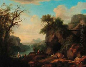A mountainous wooded river landscape with a goatherd and flock, peasant women in the foreground