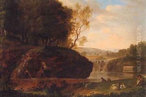 A river landscape with a shepherd resting on a bank