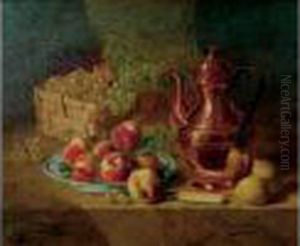 Nature Morte Aux Peches,carafe Et Panier