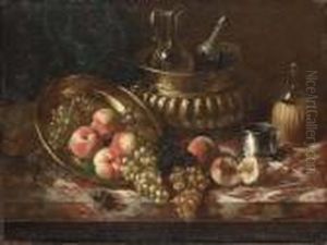Peaches, Grapes, Carafes And A Silver Cup On A Marble Table by Alphonse de Neuville