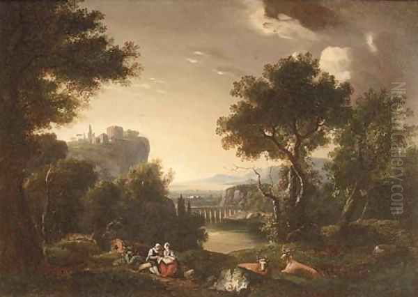 A mountainous river landscape with countryfolk at rest - view 1