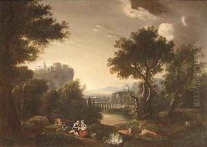 A mountainous river landscape with countryfolk at rest by Jan Hackaert