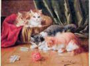 Chatons Jouant Avec Une Pelote De Laine by Alphonse de Neuville
