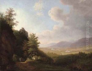 A traveler on a mountain path, an extensive landscape beyond