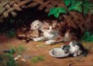 A Kitten Drinking Milk; And Kittens Teasing A Bird