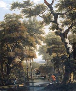 A stag hunt in a forest by Jan Hackaert