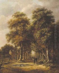 An avenue of trees with an elegant couple walking by Jan Hackaert