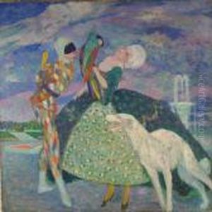 "arlecchino E Colombina" Olio Su Tela Firmato In Basso A Sinistra by Umberto Brunelleschi