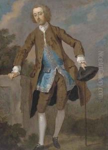 Portrait of Gustavus Hamilton (1710-1746), 2nd Viscount Boyne, small full-length, in a brown frock coat and blue waistcoat by William Hogarth