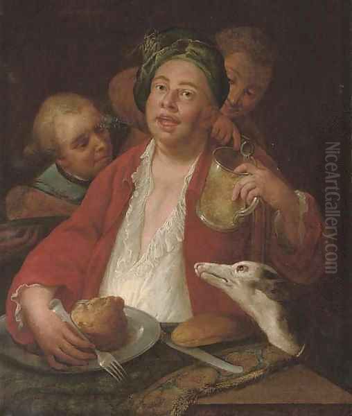 A laughing man dining at a table, with a greyhound and servants - view 1
