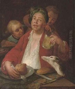 A laughing man dining at a table, with a greyhound and servants
