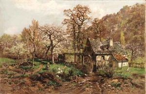 A young girl by a mill among spring blossoms