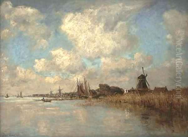 River landscape with windmills in the distance - view 1