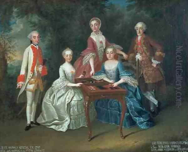 Group portrait of the Harrach family playing backgammon including General Count Ferdinand Harrach Count Ferdinand Bonaventura Harrach with Rosa Anna and Josephine - view 1