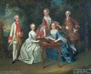 Group portrait of the Harrach family playing backgammon including General Count Ferdinand Harrach Count Ferdinand Bonaventura Harrach with Rosa Anna and Josephine