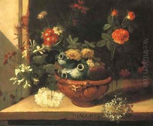 A ceramic vase with roses, hortensias and other flowers by Niccolino Van Houbraken