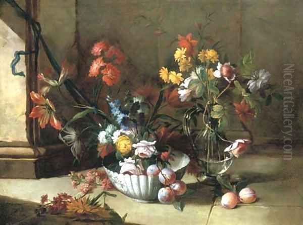 Roses, carnations and other flowers and plums in a porcelain bowl - view 1