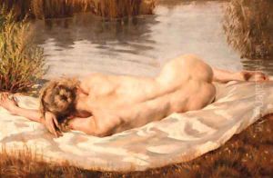 A reclining nude on the banks of a river