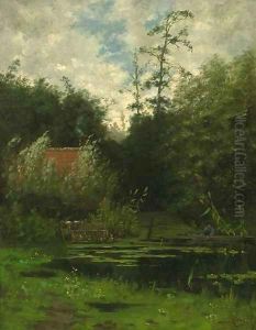 An angler in a punter a cottage nearby by Willem Hamel