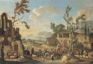 A village with peasants herding cattle, a mountainous landscape beyond