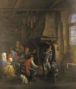 Peasants gathered at a fireside in an interior by Dirk-Theodor Helmbrecker