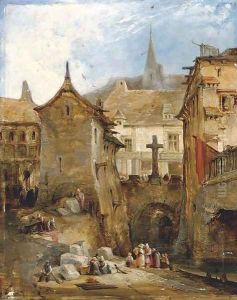 Figures at a canal in a Continental town by James Holland