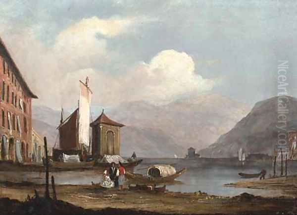 Figures on the bank of an Italianate lake - view 1