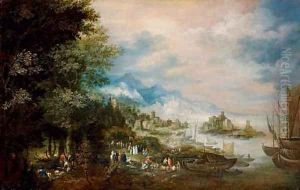 A coastal landsape, with hunters in the foreground and a town beyond
