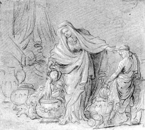 A draped woman pouring water in a basin assisted by two boys (recto); A reclining nude seen from behind (verso) by Noel Halle
