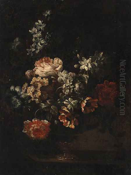 Carnations, Roses, Tulips and other Flowers in an glass Vase on a Ledge - view 1