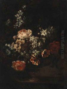 Carnations, Roses, Tulips and other Flowers in an glass Vase on a Ledge by Simon Hardime