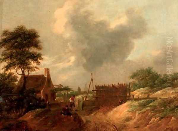 A dune landscape with figures by a gate - view 1