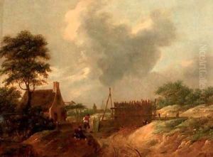 A dune landscape with figures by a gate by Thomas Heeremans