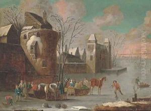 A frozen river landscape with skaters by a town by Thomas Heeremans