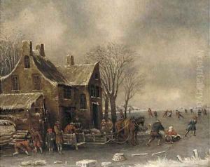 Townsfolk skating and sledging on a frozen lake before a building by Thomas Heeremans