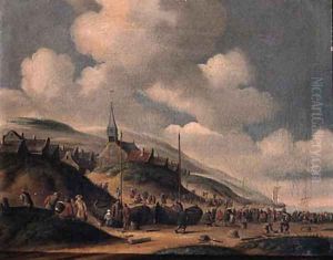 A fishmonger on a beach by Thomas Heeremans