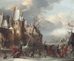 A frozen river landscape with skaters by a walled town
