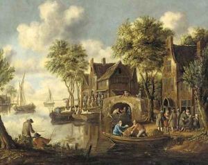 A river landscape with figures on a bridge and fishermen in boats by an inn