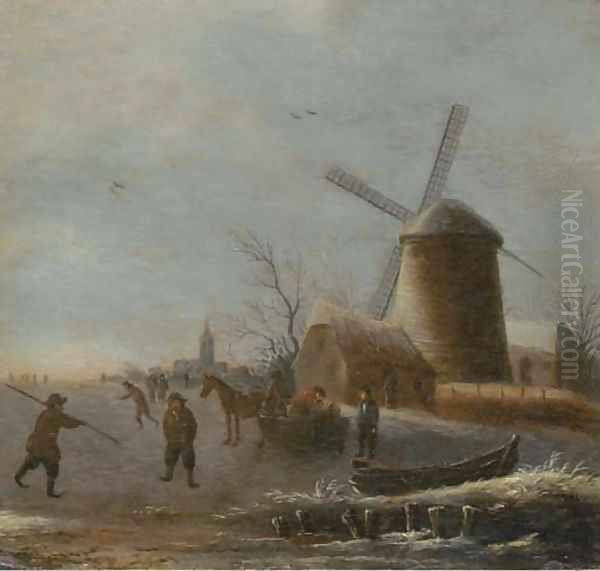 A winter river landscape with skaters on the ice by a windmill - view 1